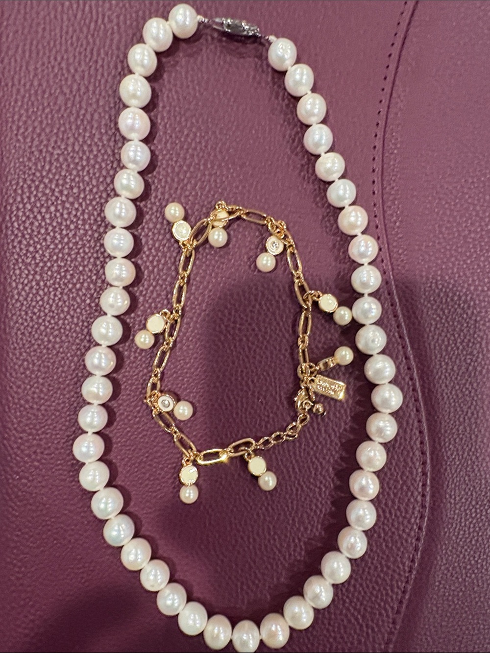 kate spade White Pearl Bracelet  with Gold Charm Chain and Pearl Necklace.